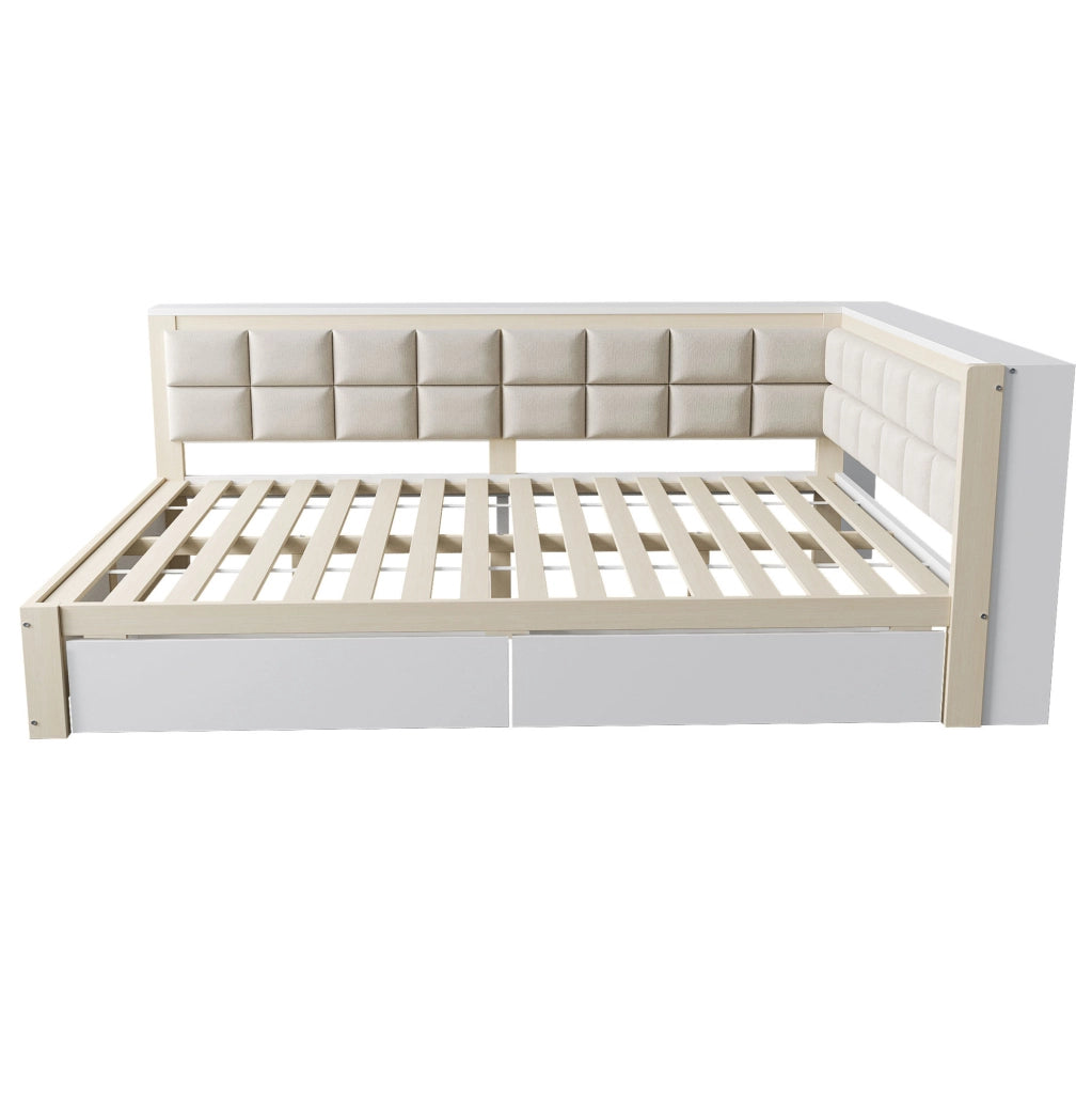 Divano letto in legno 140x200 cm con schienale imbottito e 2 cassetti; colore naturale