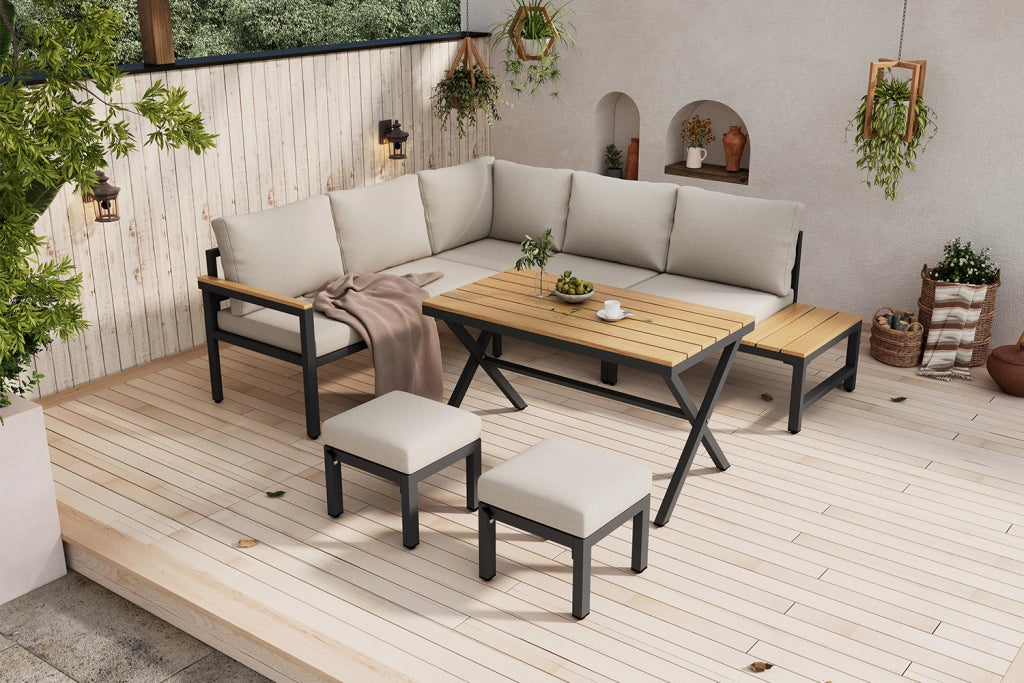 Set pranzo + salotto giardino 4 pezzi: Divanooo angolare + 2 sgabelli + tavolo; legno composito; acciaio; grigio