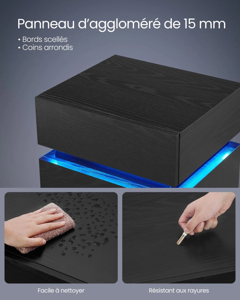 Comodino con striscia LED multicolore regolabile 3 cassetti tavolino in stile moderno 335 x 40 x 55 cm nero 12_0007598