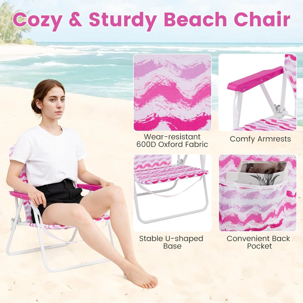 Set di 2 sedie da spiaggia con tappetino e ombrellone, sedie da campeggio portatili con borsa per il trasporto, sedia pieghevole per picnic e spiaggia, portata fino a 150 kg (rosa)