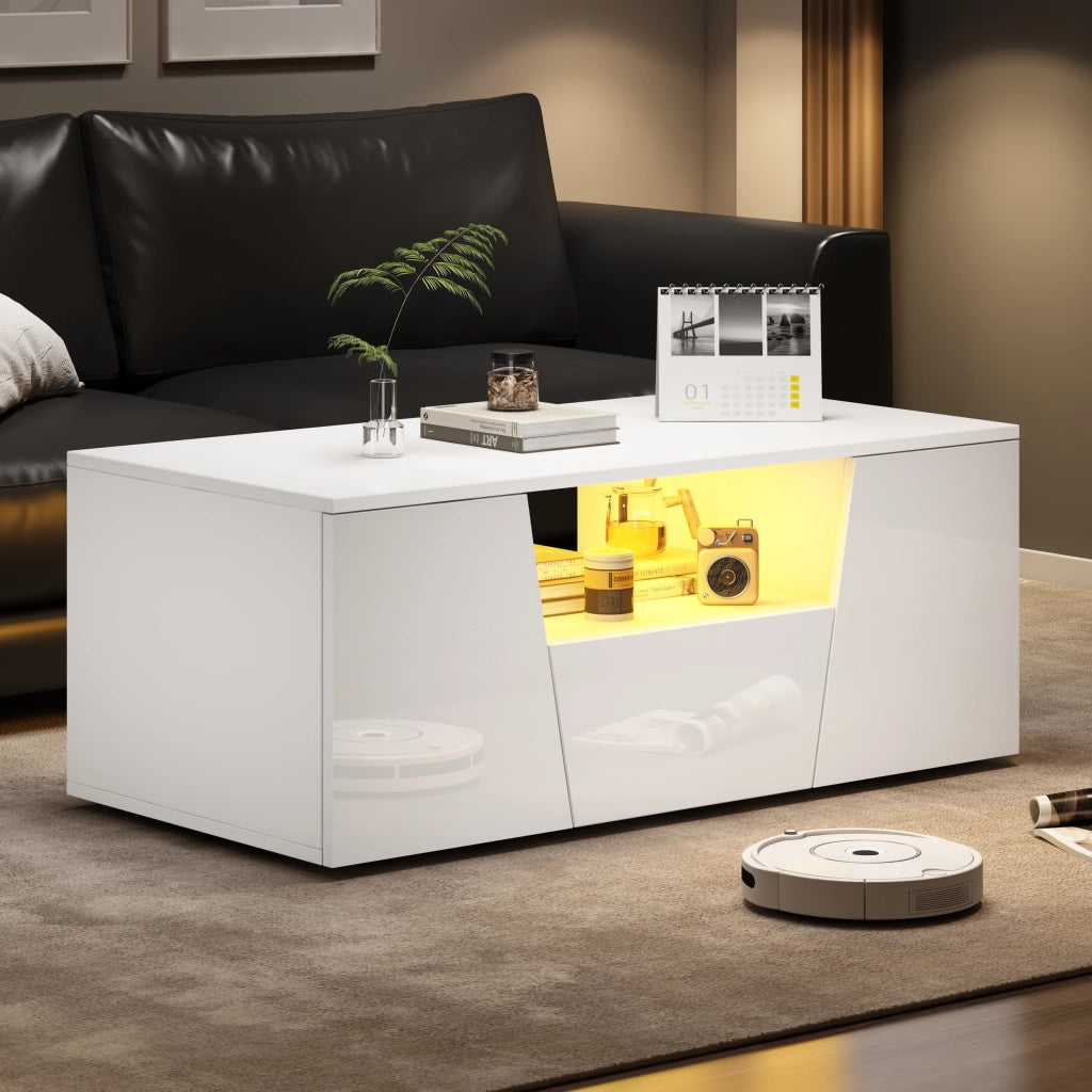 TAVOLINO DA SALOTTO LED 100x50x40 cm Bianco in Truciolare con 2 Armadietti e 1 Cassetto