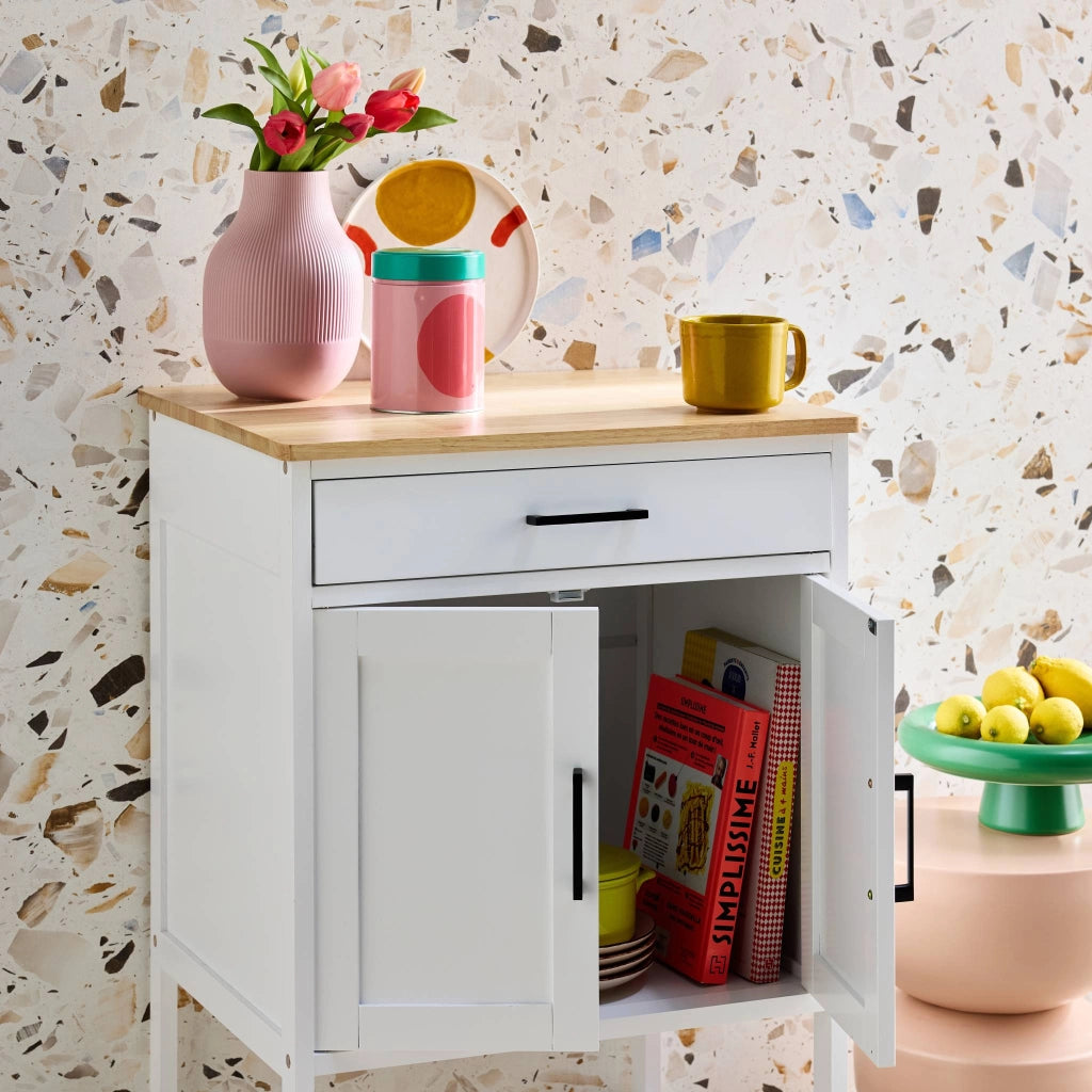 Carrello da cucina in legno di gomma con 2 ripiani, 56cm , bianco
