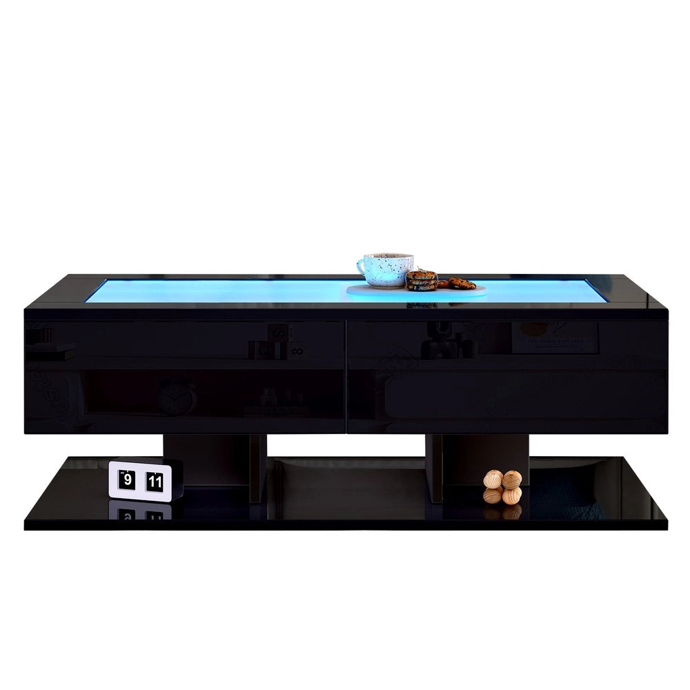 Tavolino da Caff¨¨ con LED e Cassetti ¨C MINIMAL ¨C Piano in Vetro Temperato, Nero Lucido, 100x50x35