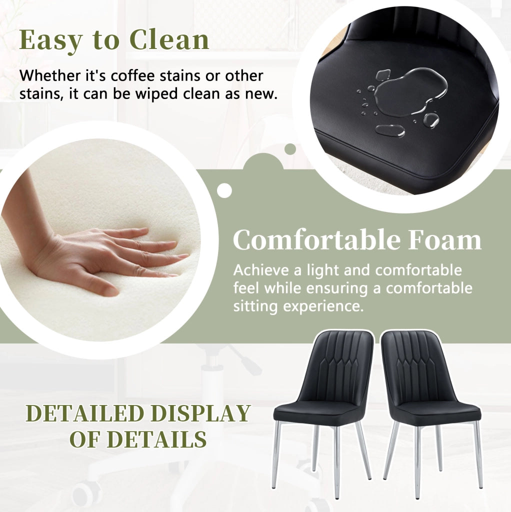 Sedia da pranzo nera in similpelle con gambe in metallo argento, design moderno e minimalista