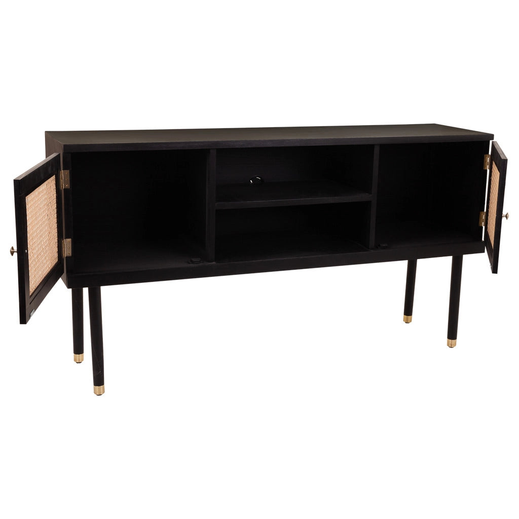 Credenza in legno e rete di bambù con due ante nere 152,5x38x81h