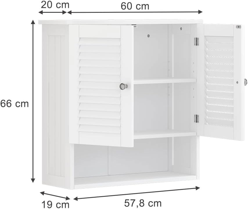 Armadietto a muro Riad, Bianco, 60 x 66 cm con 2 ante, per montaggio a parete per riporre accessori da bagno