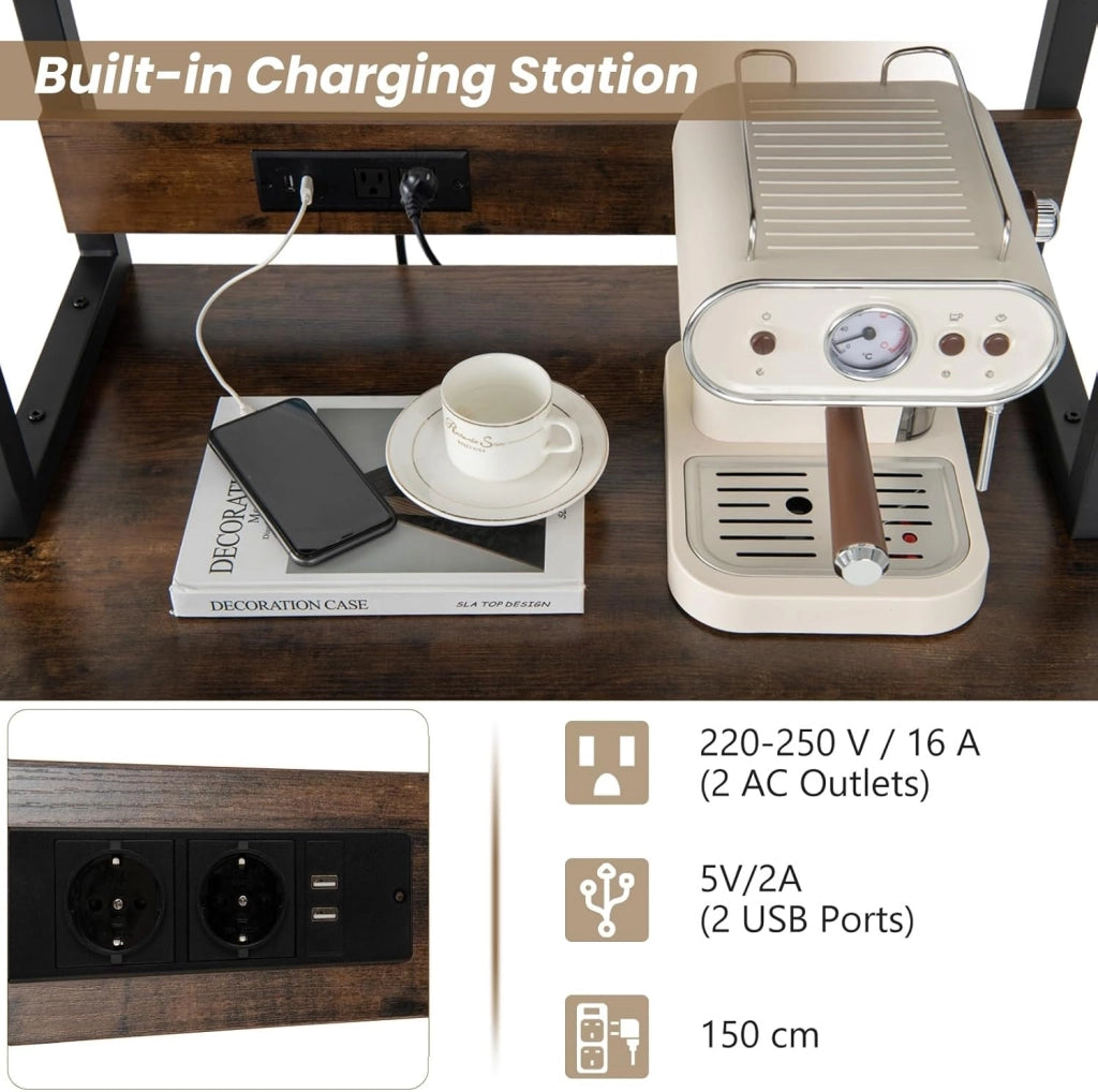 Scaffale Da Cucina Con Prese e Porte Usb, Armadietto Per Vino Con Supporto In Vetro Per 24 Bottiglie e 9 Bicchieri, Scaffale a 4 Livelli, 76 x 48 x 163 cm