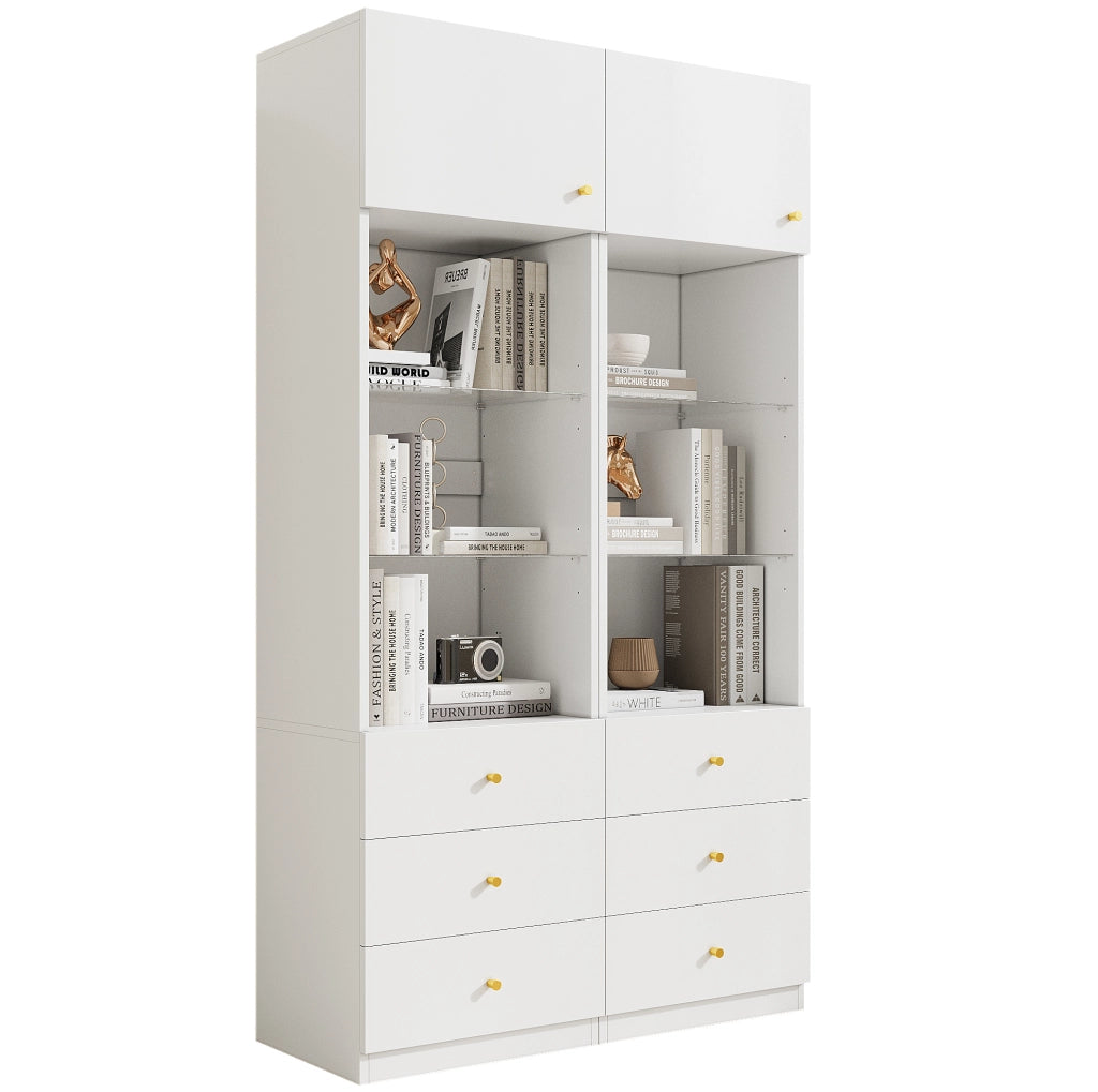 Set di 2 vetrine 50x40x180 cm con cassetti e ripiani in vetro, in MDF bianco