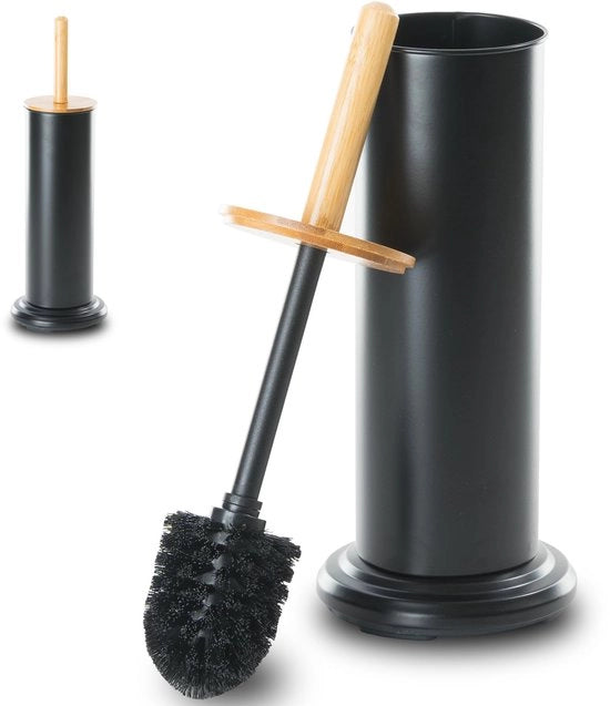 Toiletborstello con manico in bambù, Toiletborstello con supporto metallico, Due teste di spazzola, Piede pesante (nero)
