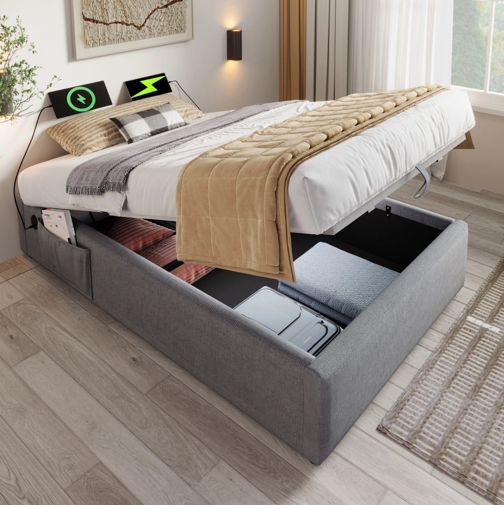 Letto contenitore 90x200 cm grigio con USB/Type-C