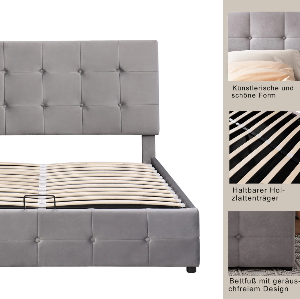 Letto imbottito con contenitore idraulico in velluto grigio