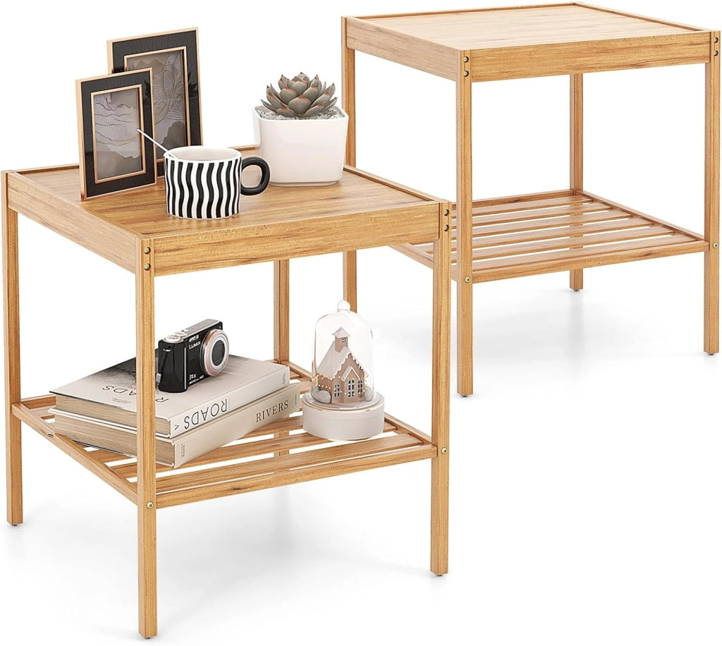 Set di 2 comodini in bambù, tavolino piccolo con 2 ripiani, tavolino da caffè naturale, tavolo da tè per soggiorno, camera da letto