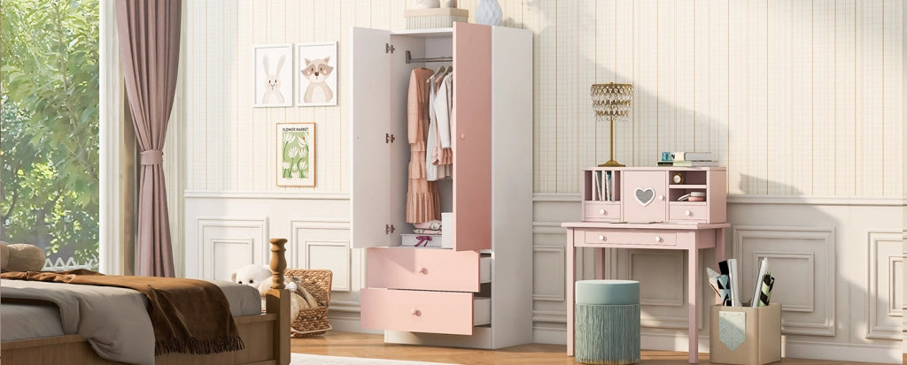 Armadio ULEVR 70x40x170 cm con appendiabiti e 2 cassetti, rosa e bianco