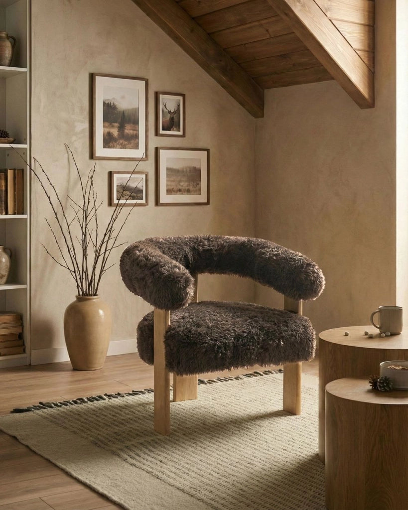Poltrona marrone chiaro e marrone scuro con rivestimento in pelliccia sintetica design retrò e gambe in legno per salotto
