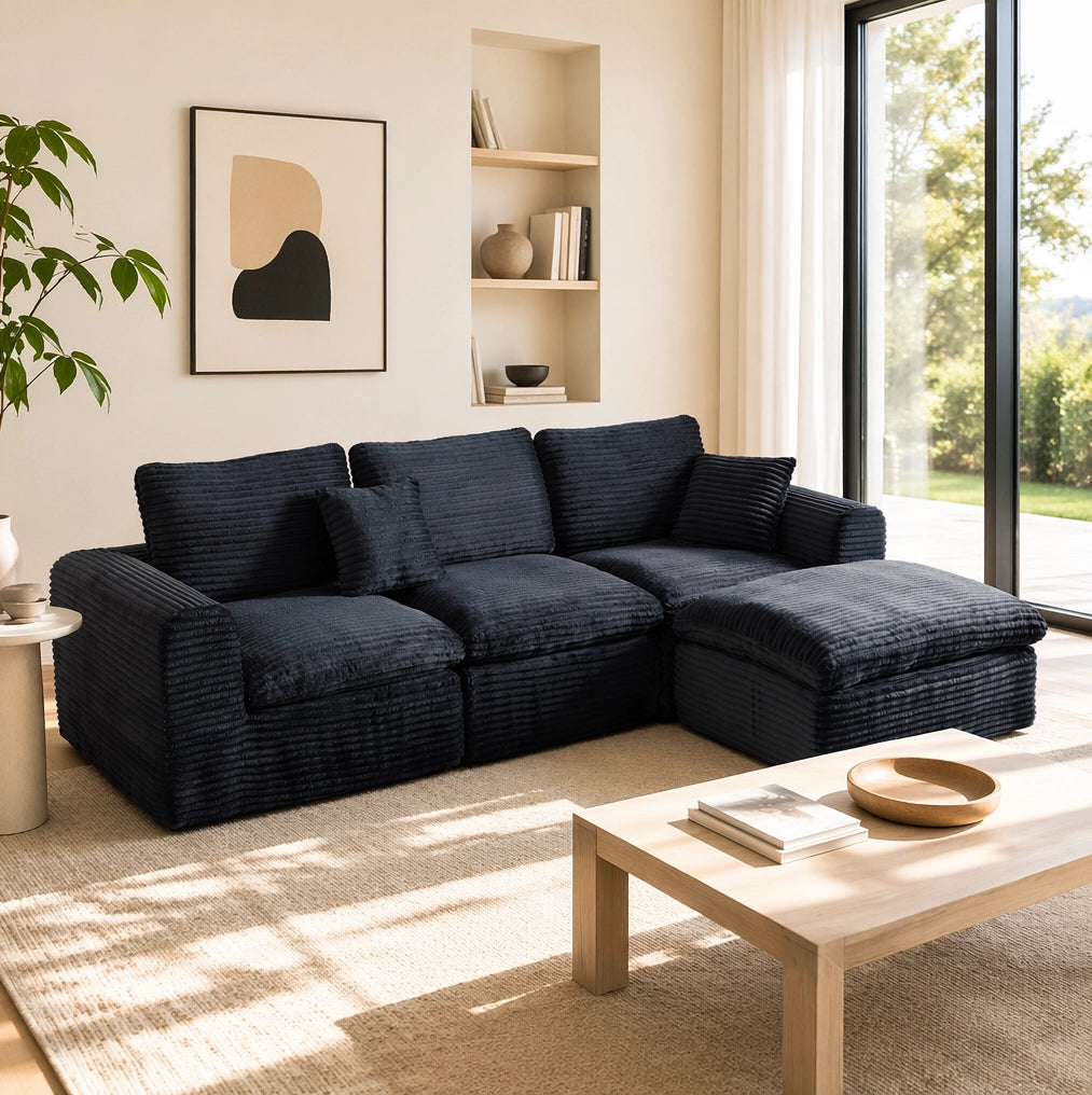 Divano modulare 3 moduli configurabile in velluto a coste nero e blu