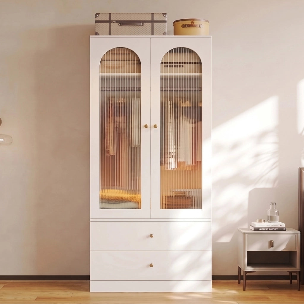 Armadio 90x50x200 cm con 2 cassetti e ante in vetro MDF bianco