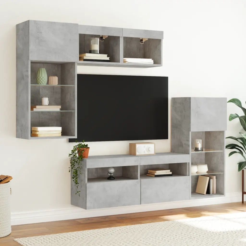 vidaXL Mobili TV a Muro con LED 5pz Grigio Cemento Legno Multistrato