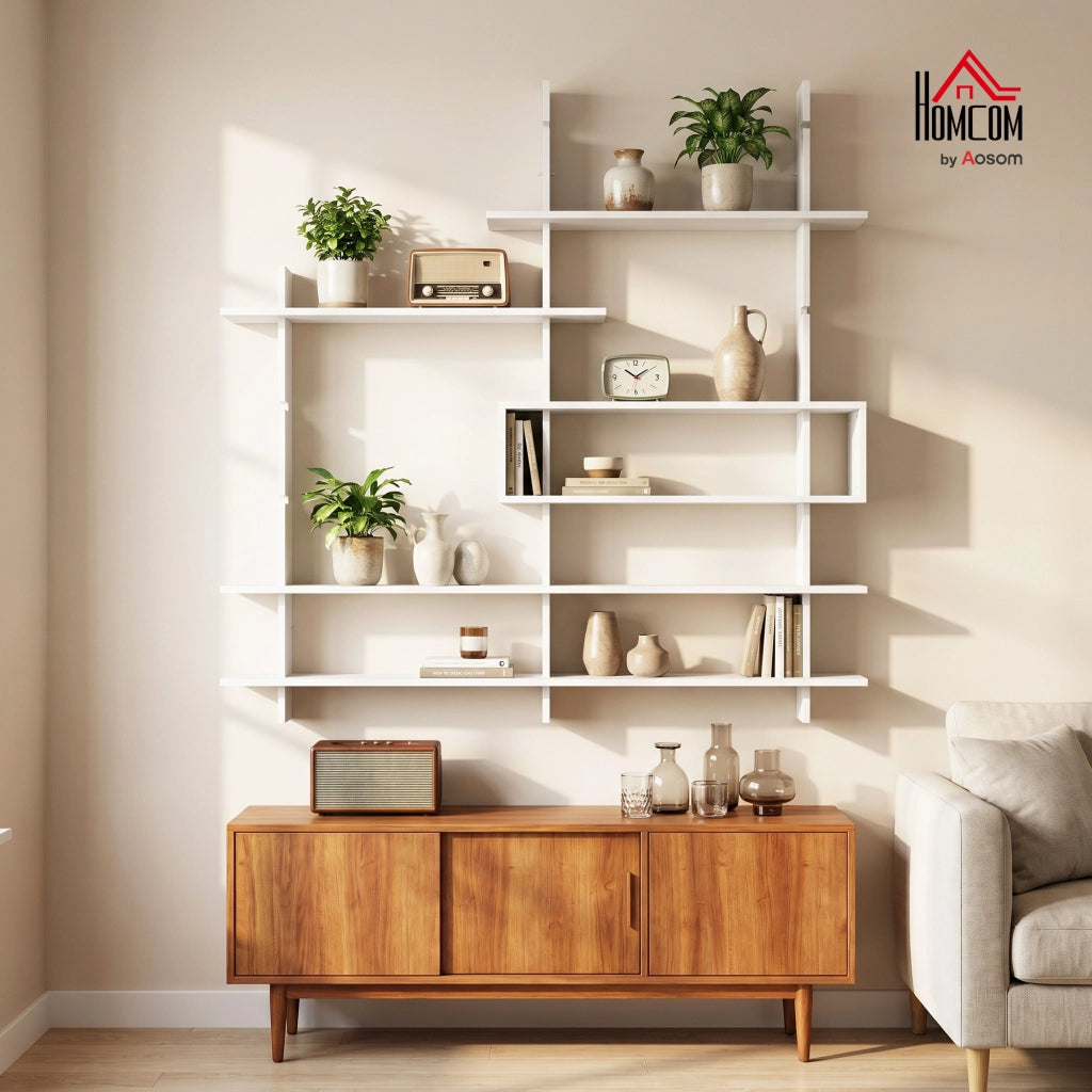 Libreria da Parete Geometrica con 4 Ripiani e Cella Centrale 136x20x140 cm Bianca