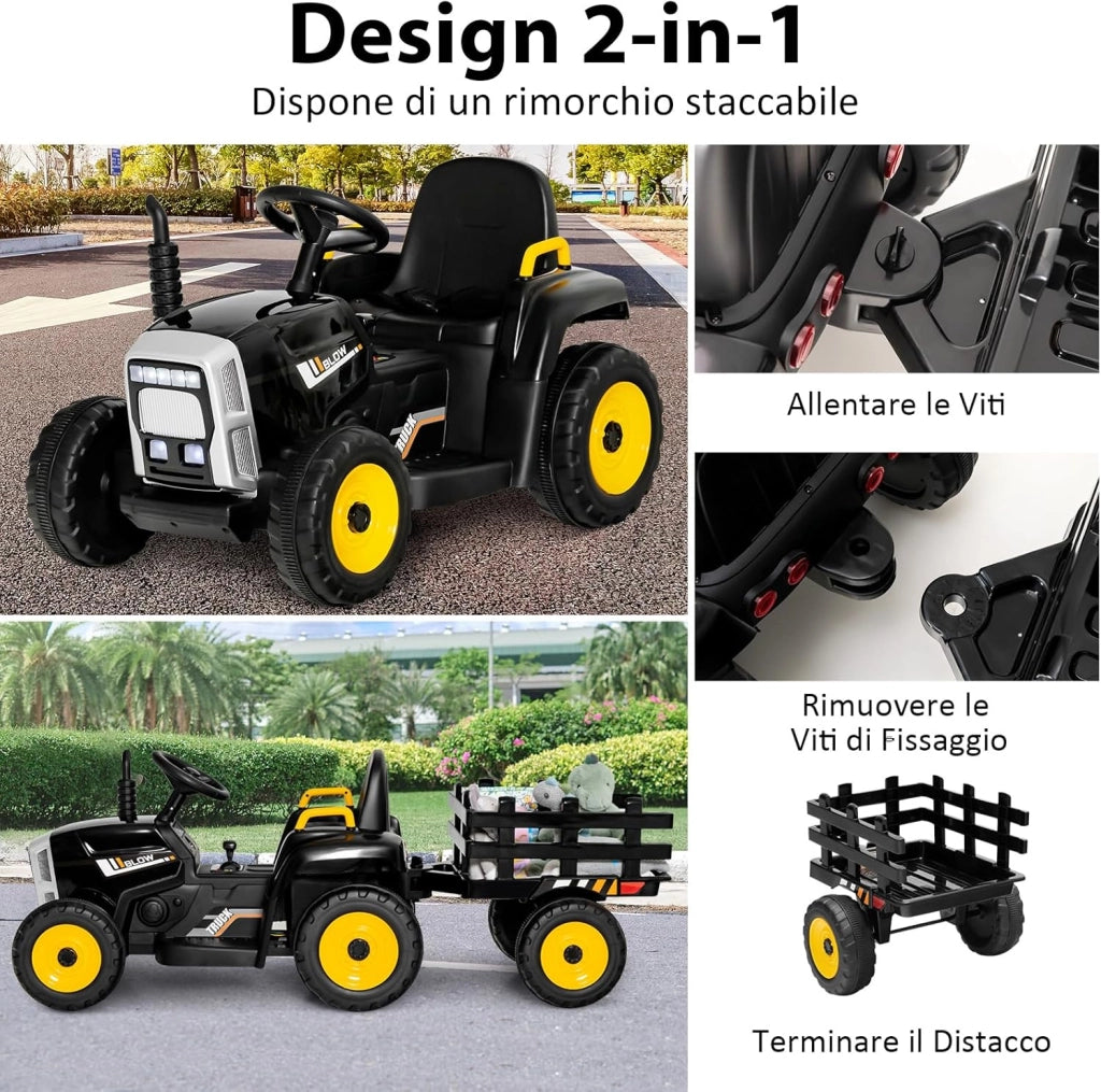 Trattore con Rimorchio Cavalcabile per Bambini 12V, Trattore Elettrico Telecomandato, con Luci e Suoni, 30kg, 3+ Anni (Nero)