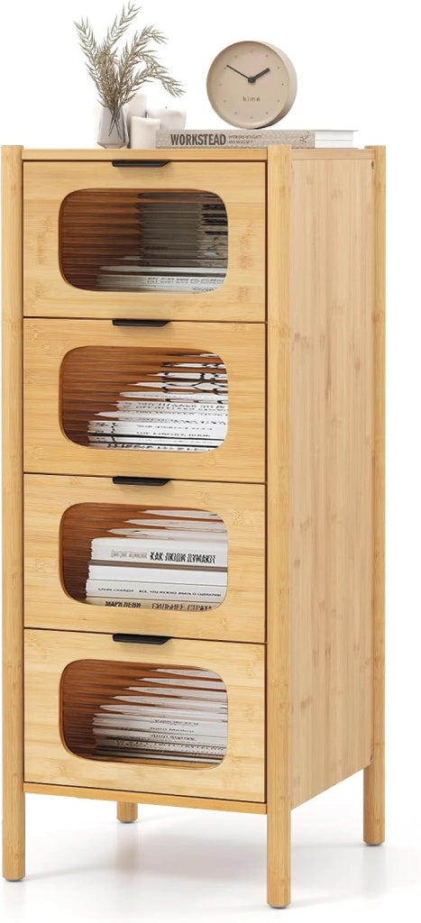 Cassettiera in bambù a 3 cassetti, comodino a 3 livelli con kit antiribaltamento e decorazione in vetro temperato, mobile portaoggetti in legno per camera da letto e soggiorno, naturale