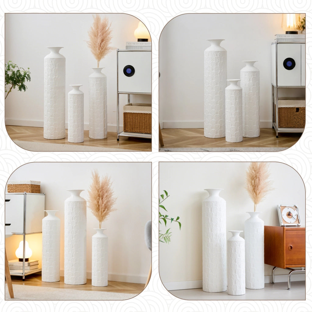 Vaso da pavimento set da 3 con texture in rilievo in metallo bianco per soggiorno, ingresso e corridoio