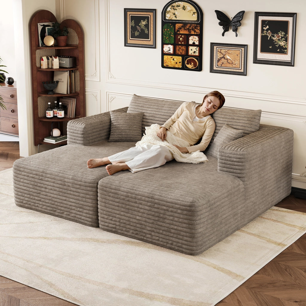 Divano modulare chaise longue senza montaggio salvaspazio in tessuto velluto a coste cammello 180 × 151 × 58 cm