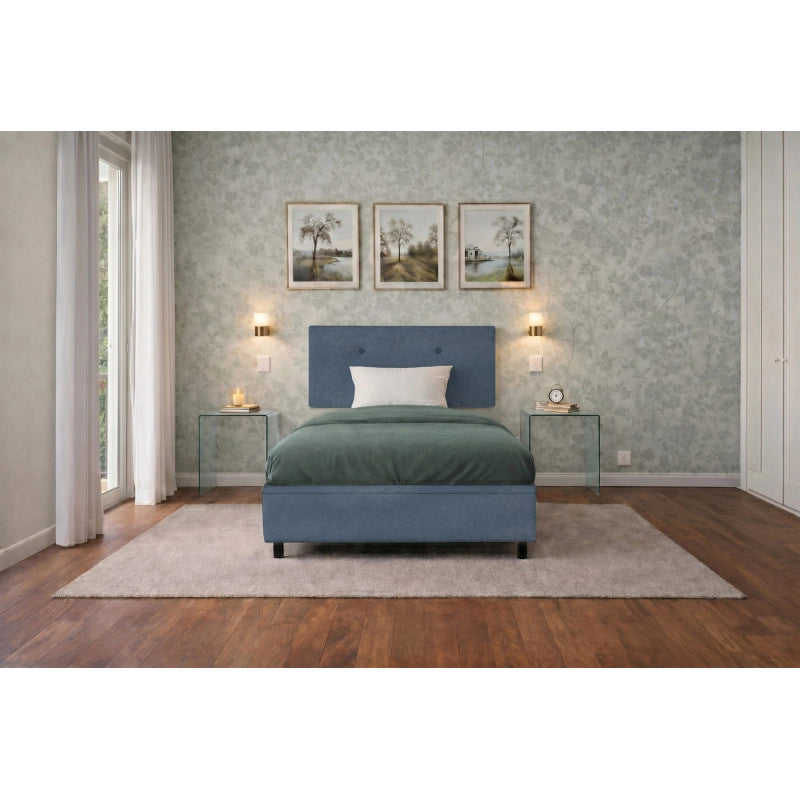 Letto imbottito Singolo 80x200 cm Button - Contenitore,Microfibra,Blu