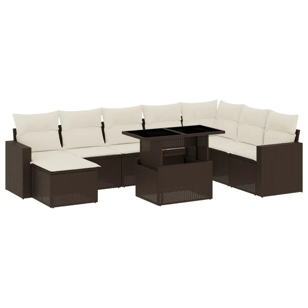 Set Divani da Giardino 9pz con Cuscini Marrone in Polyrattan
