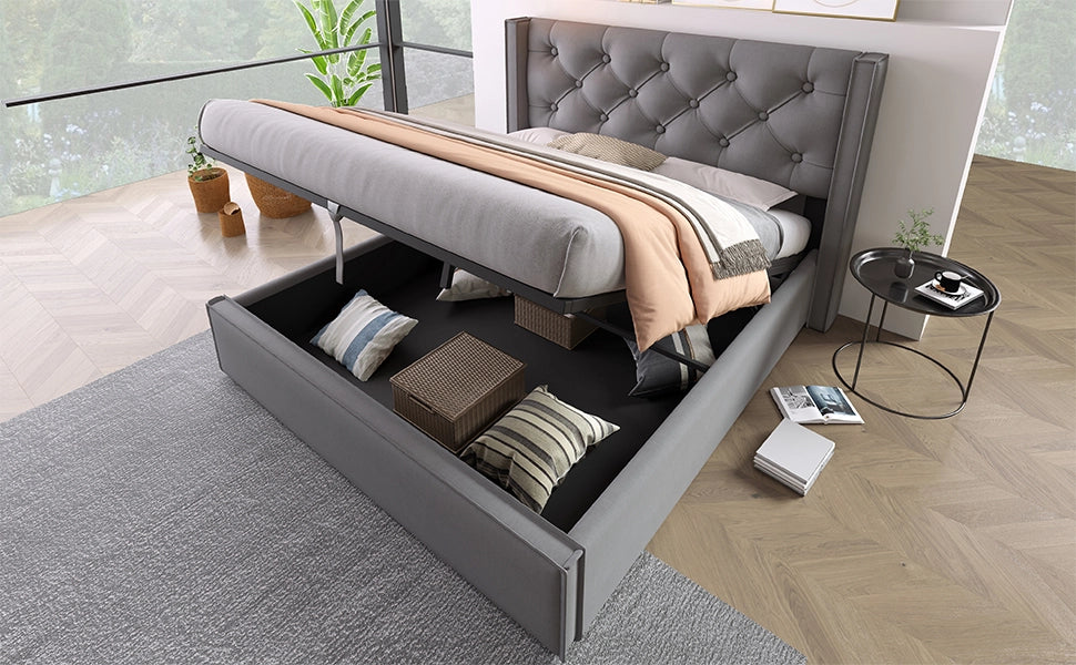 Letto Matrimoniale Contenitore 140x200 Grigio con Sollevamento Idraulico; Testiera Imbottita e Doghe in Pino