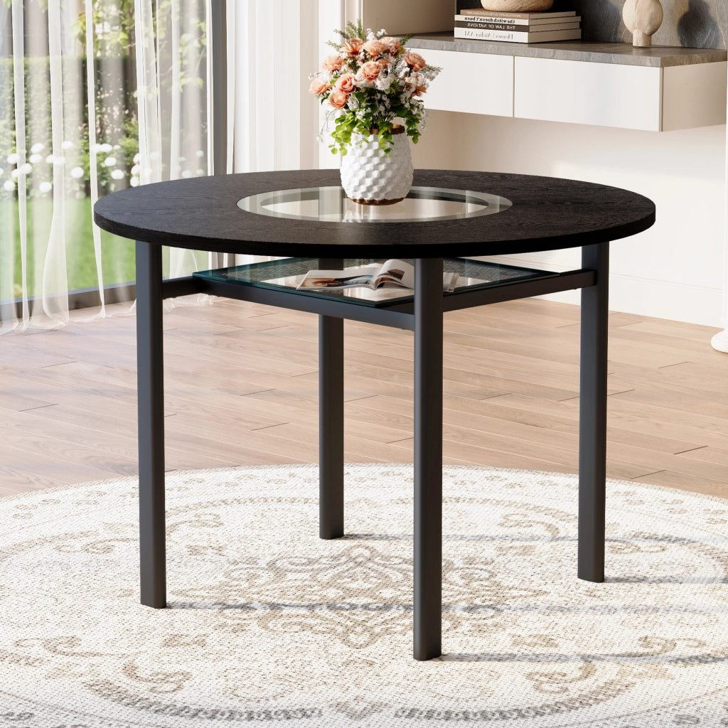 Tavolo da pranzo rotondo per 2-4 persone con inserto in vetro, base in metallo, per soggiorno e cucina, nero, 100 cm