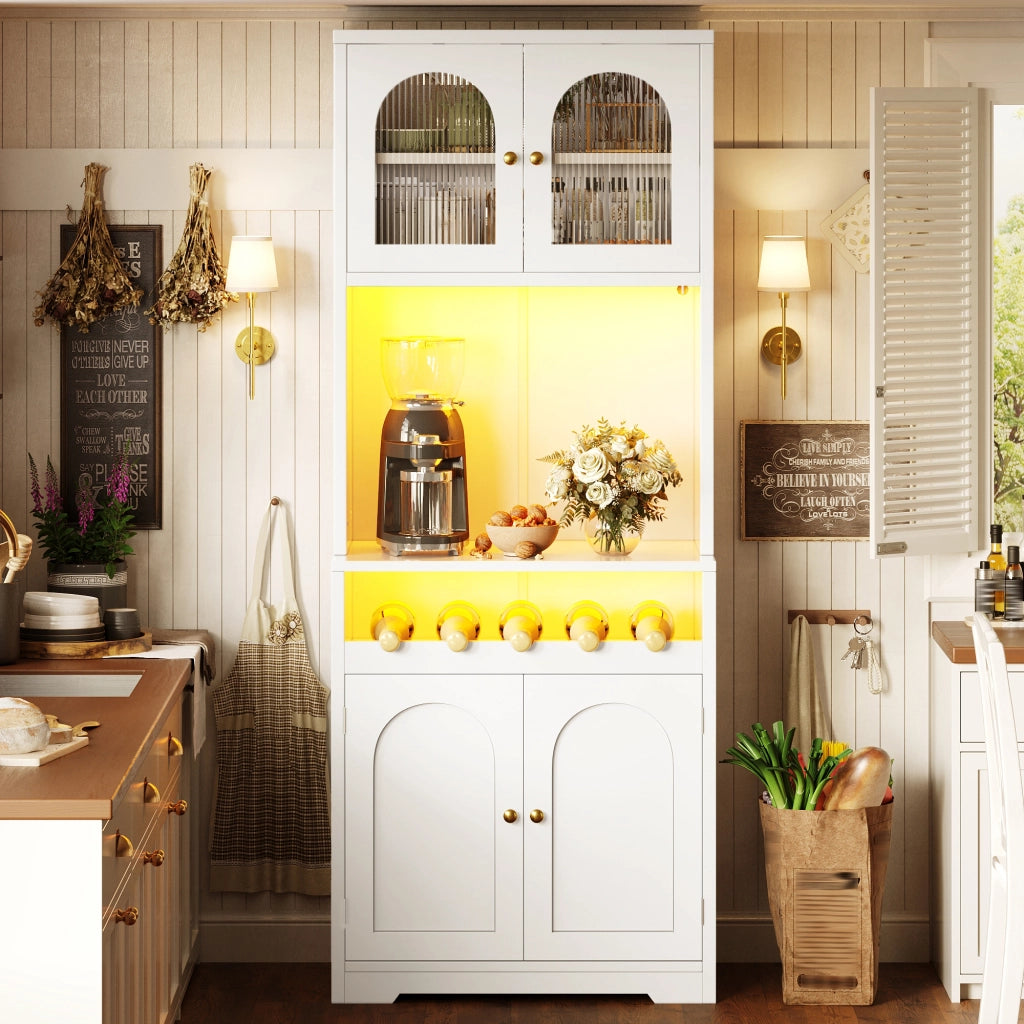 Credenza alta con LED RGB app, ante in vetro ondulato e portabottiglie per cucina e soggiorno bianca 70 × 38,3 × 180 cm