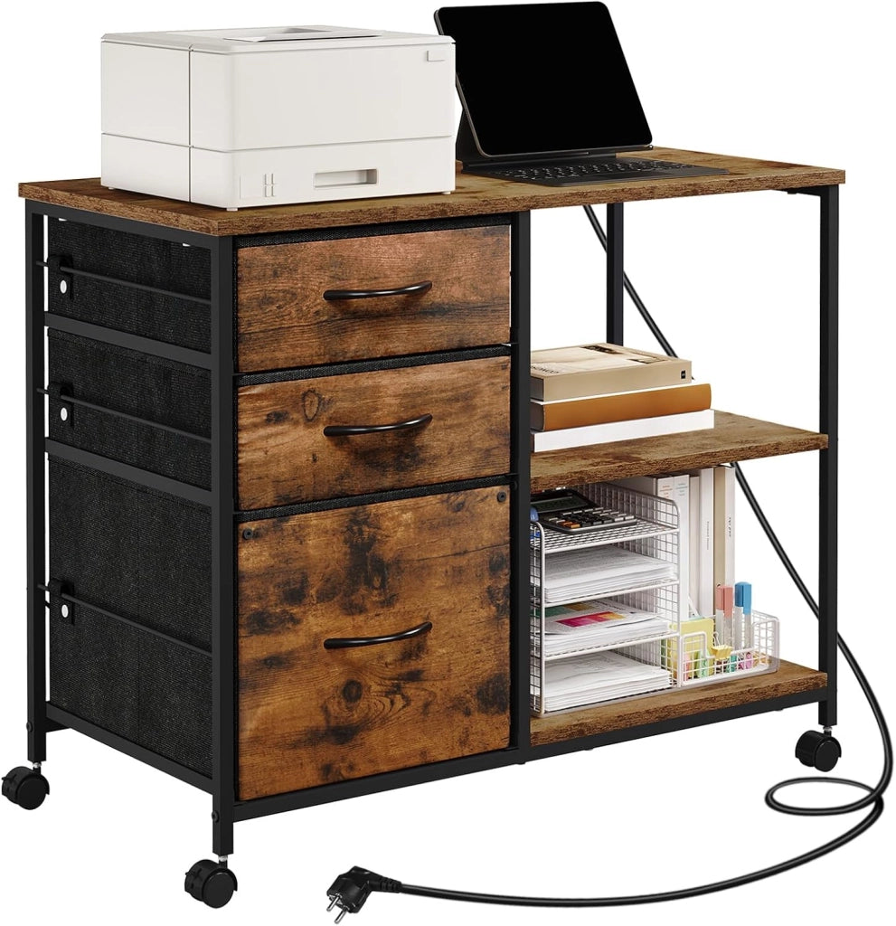 Cassettiera da Ufficio, Armadietto con 3 Cassetti e 2 Ripiani, Schedario da Ufficio con Ruote, Porta Stampante con Sezione di Ricarica, in Legno e Metallo, Rovere Chiaro, ASK07hei