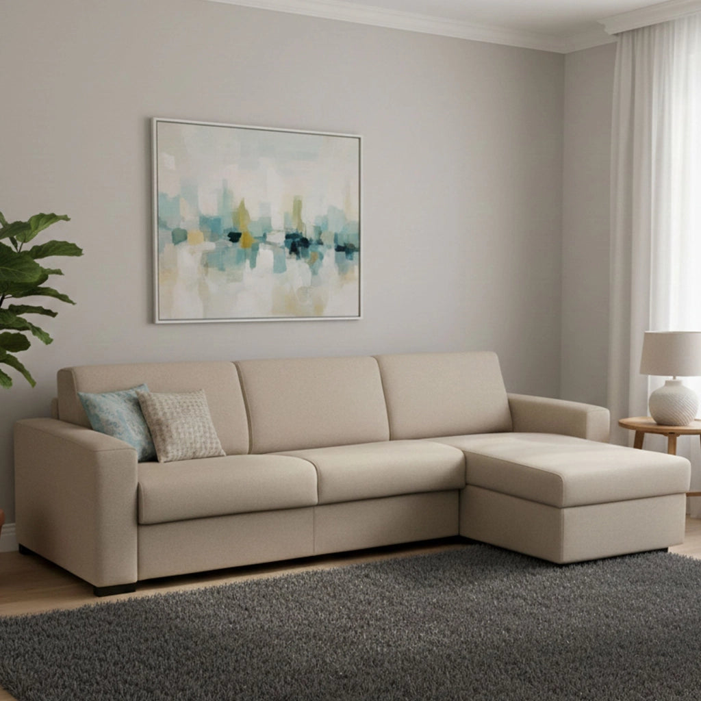 Divano Letto Aika, Divano ad angolo, Made in Italy, SofÒ  con apertura girevole, con Penisola contenitore reversibile, con Braccioli standard, cm 280x95h90, Tortora