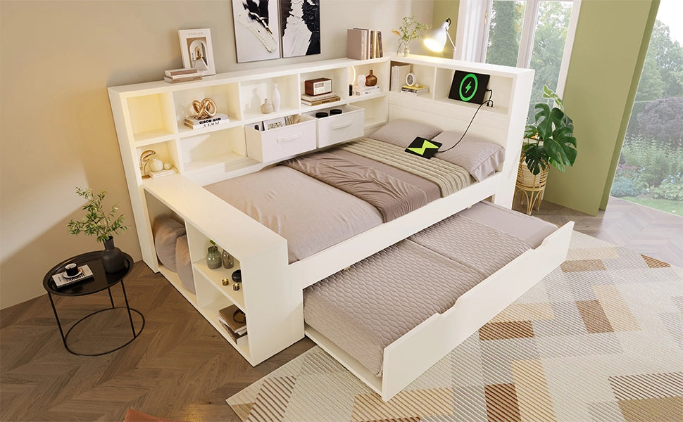 Letto singolo 90 × 200 cm con letto estraibile, ripiani su 3 lati, USB e Type-C, senza materasso, bianco