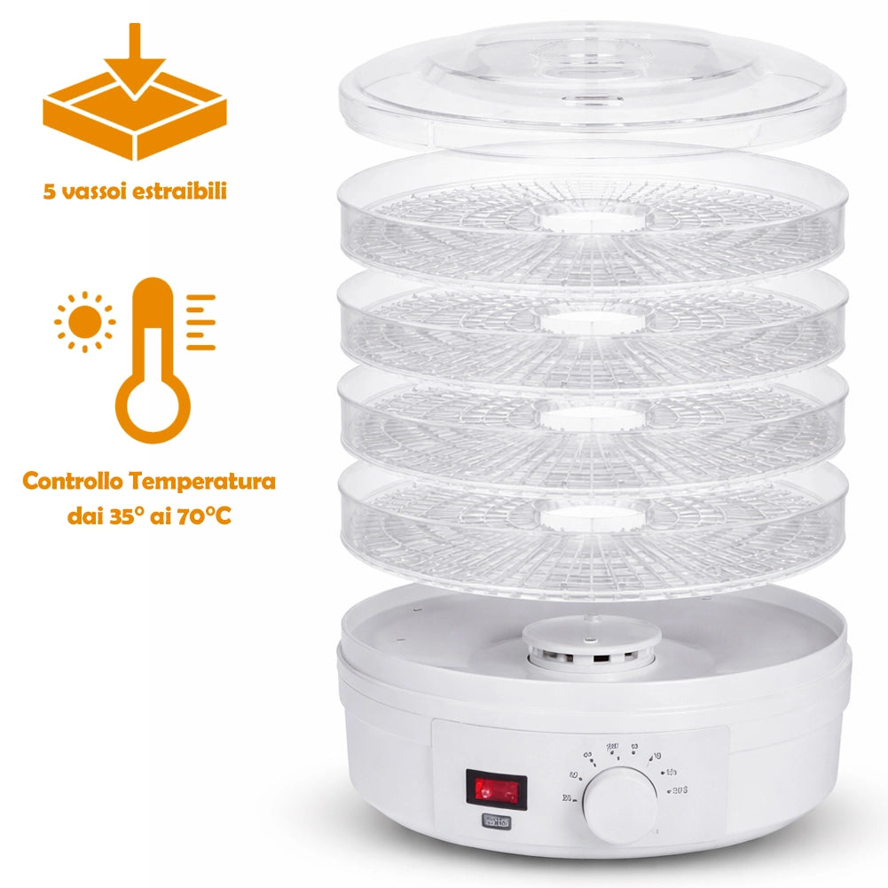 Mini Essiccatore Elettrico per Alimenti con 5 Vassoi e Coperchio 35°-70° Bianco
