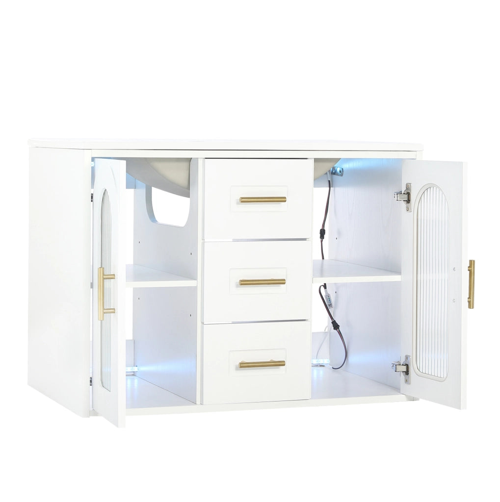 Mobile bagno sospeso 76 cm con lavabo; MDF bianco effetto legno; vetro rigato e LED