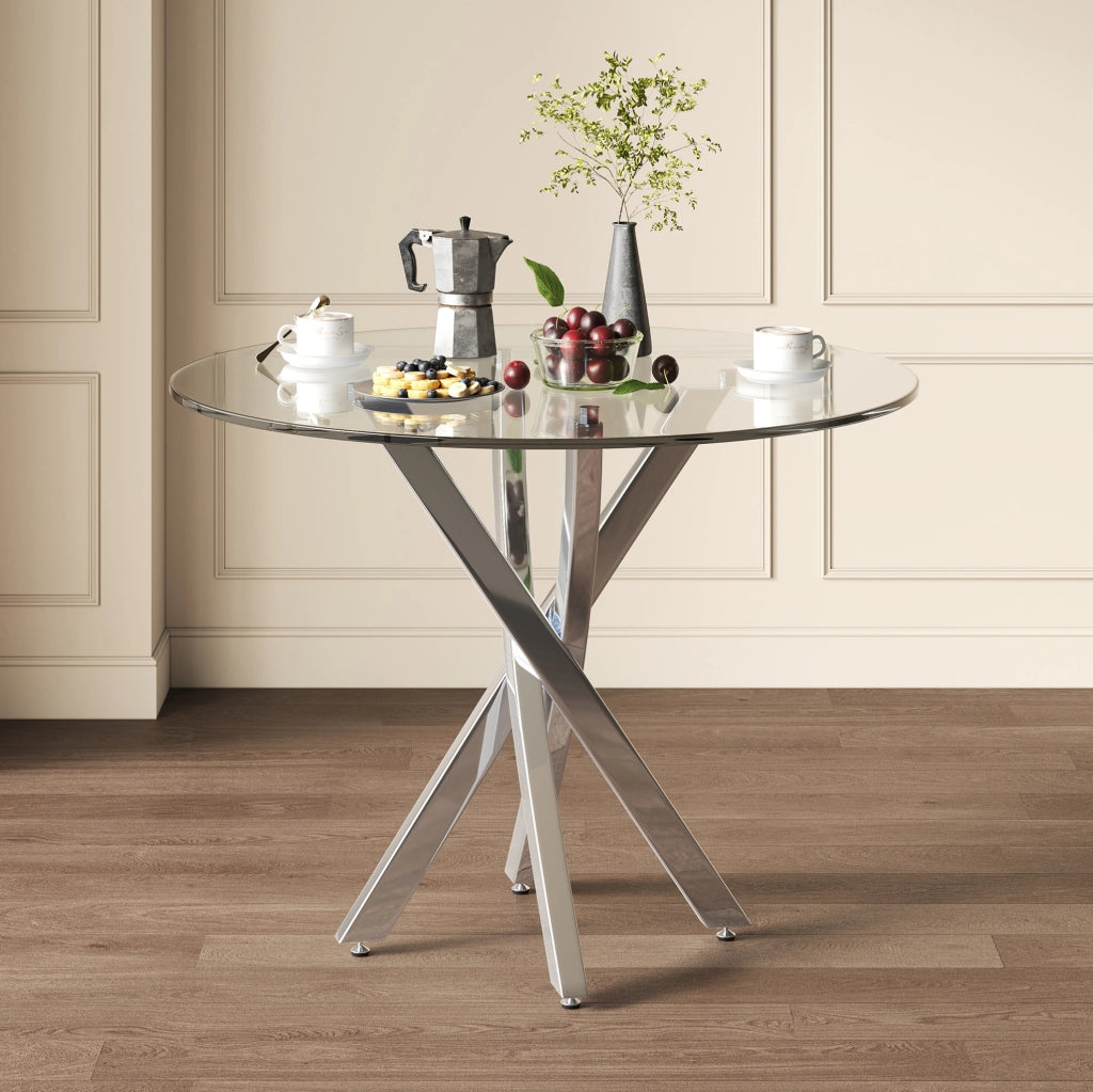 Tavolo da pranzo 80x80x75 cm con piano in vetro temperato e gambe in metallo; argento