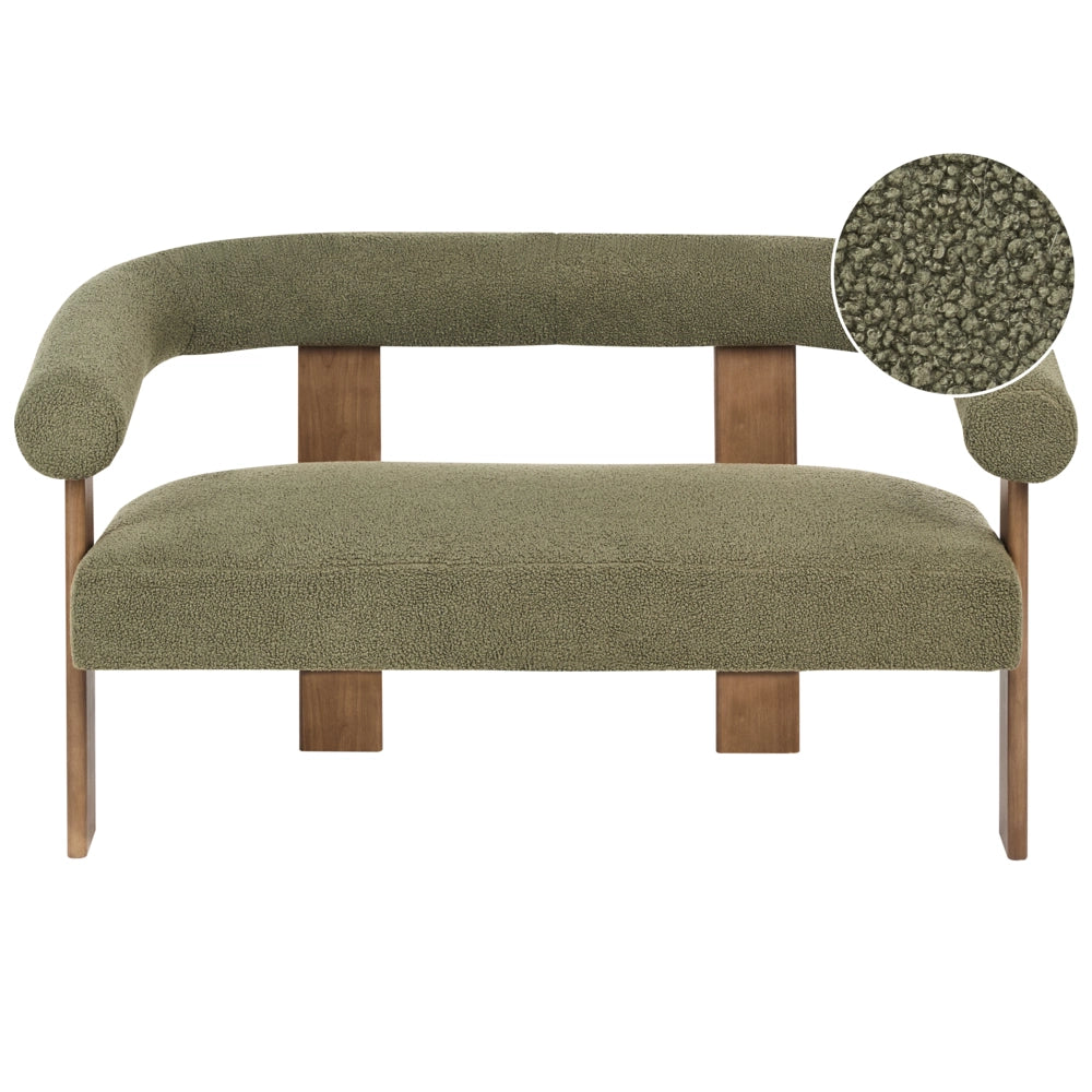 Divano a 2 posti Boucle Verde e Marrone Scuro stile retrò gambe in legno
