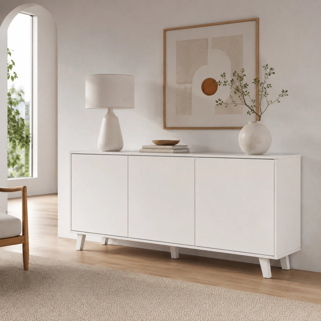 Mobiletto Credenza Moderna Con 3 Ante Senza Maniglie E Piedini Rialzati Per Ingresso Corridoio Soggiorno Salotto Zona Living 154 X 72 X 40 Cm Bianco