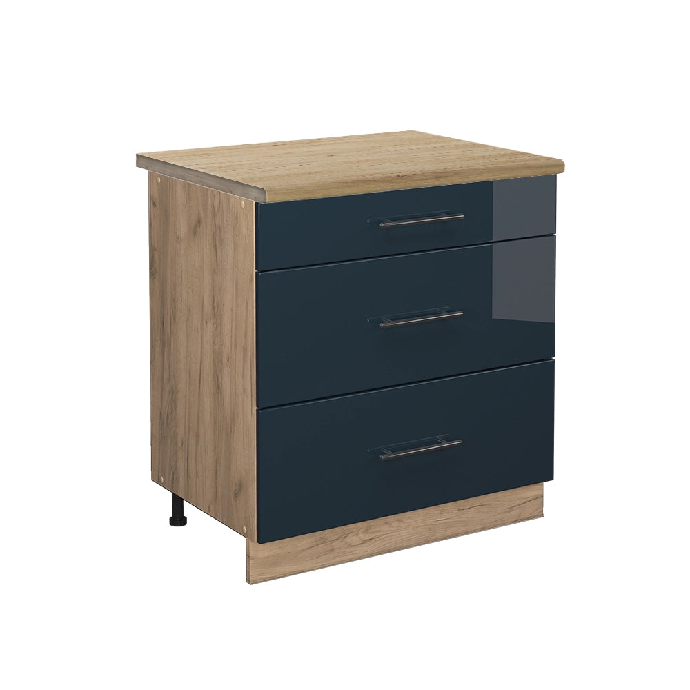 Mobiletto base per cucina Fame-Line Blu scuro lucido/Rovere dorato 80 cm con 3 cassetti, PL Rovere Vicco