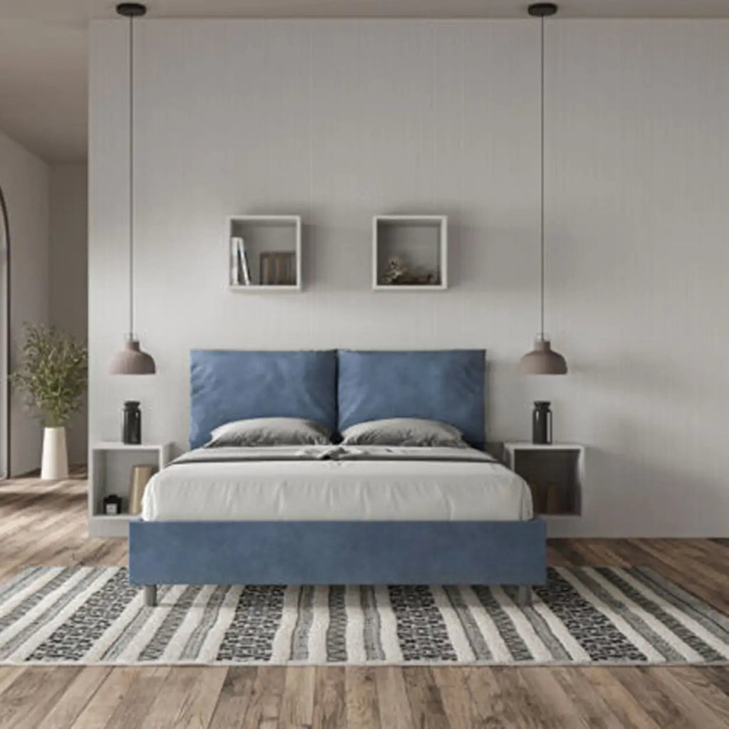 Letto matrimoniale senza rete imbottito 160x210 microfibra blu Antea