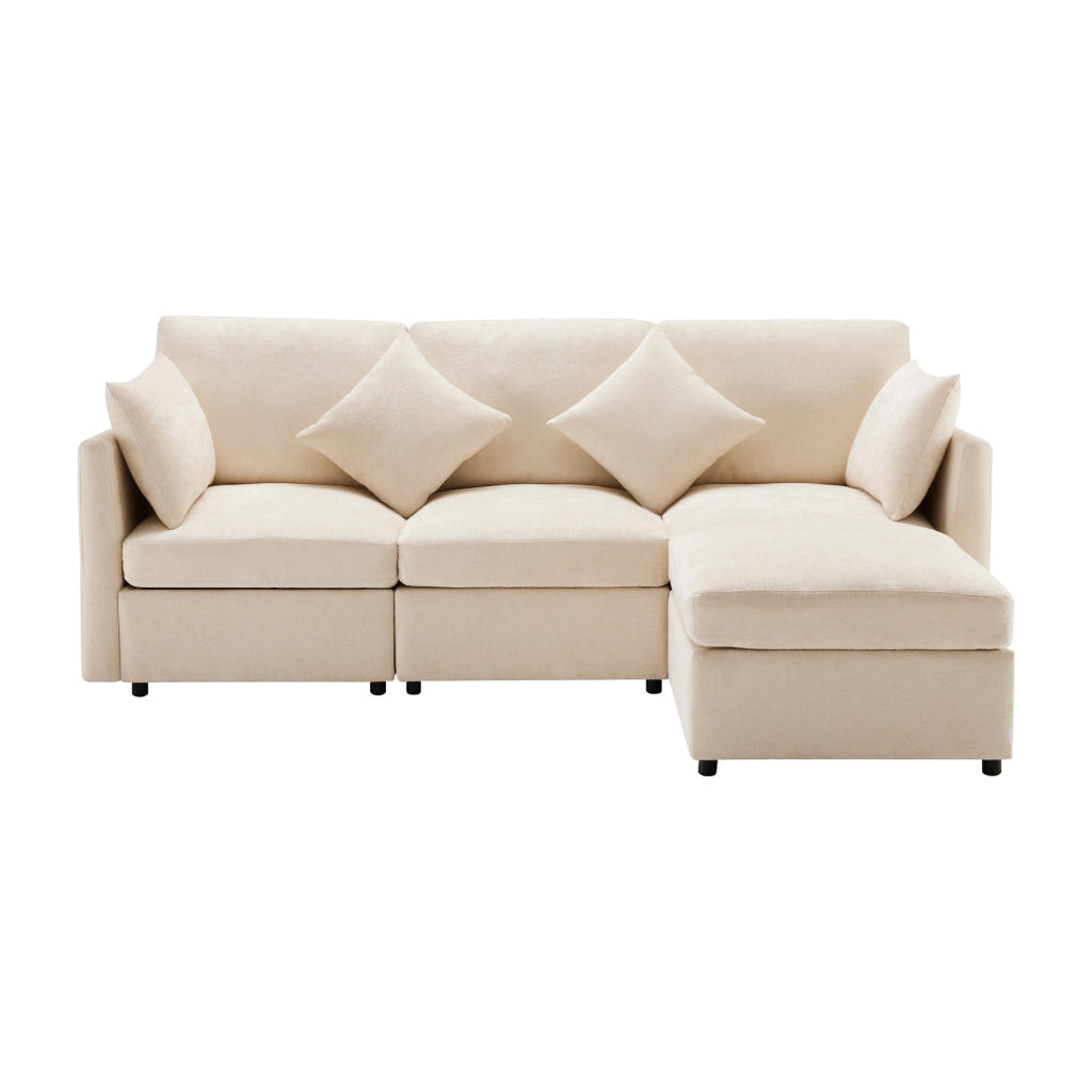 Divano Angolare Reversibile 3-4 Posti con Pouf Mobile; Cuscini Inclusi; Seduta Ergonomica in Ciniglia Beige