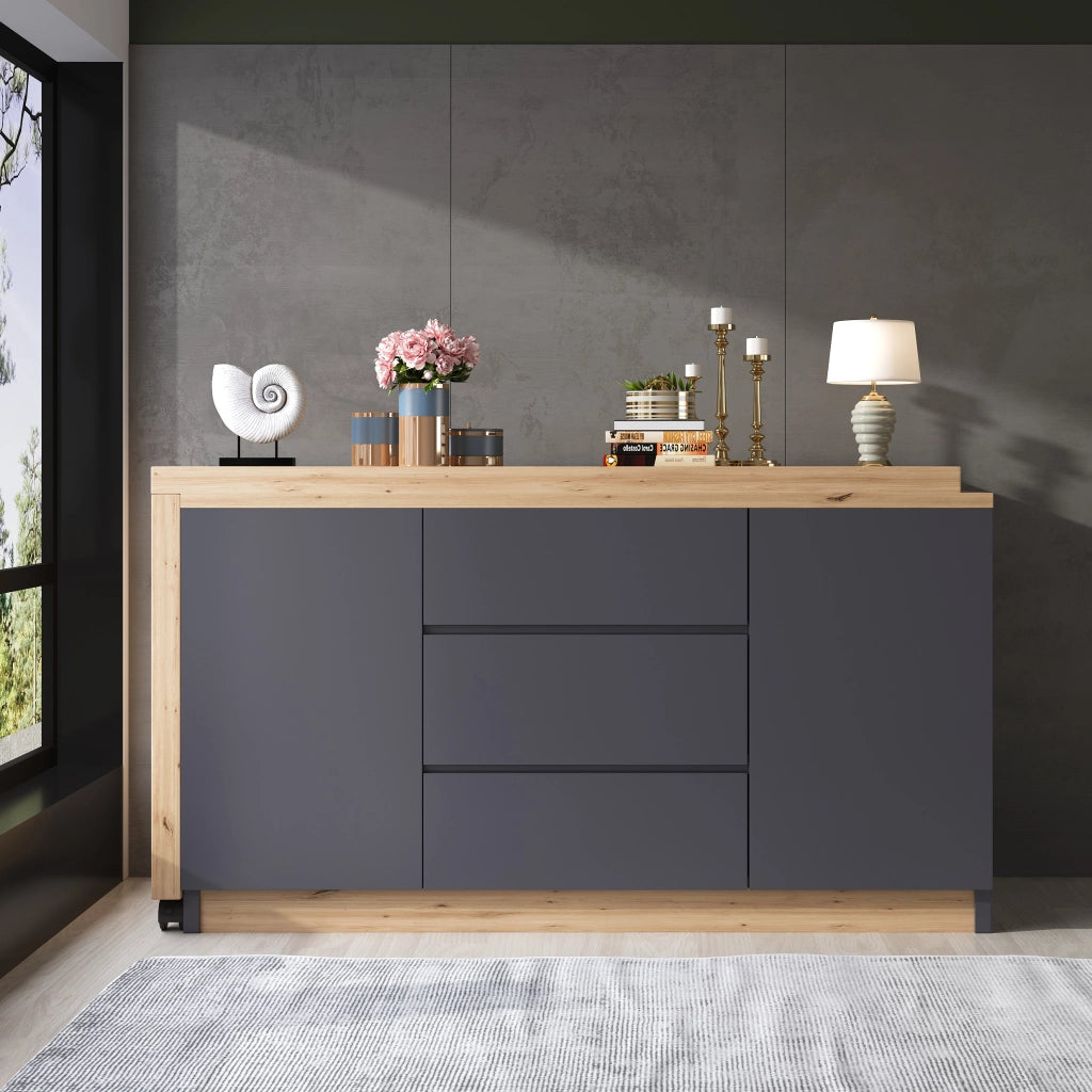 Scrivania pieghevole multifunzionale con 2 ante e 3 cassetti su ruote con freno in grigio quercia 120 × 50 × 76,5 cm
