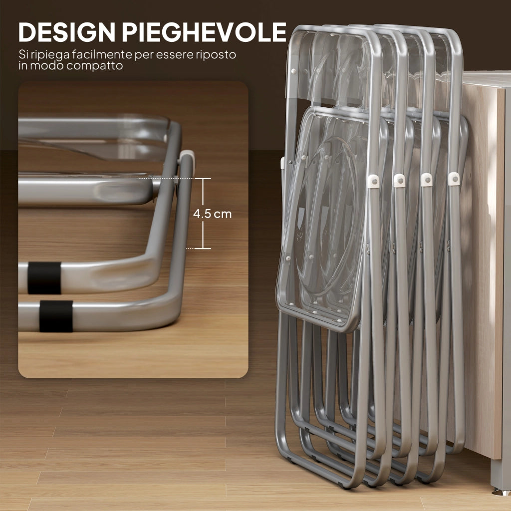 Set 4 Sedie Pieghevoli Salvaspazio 47x48x75 cm in Acciaio e Acrilico Trasparente