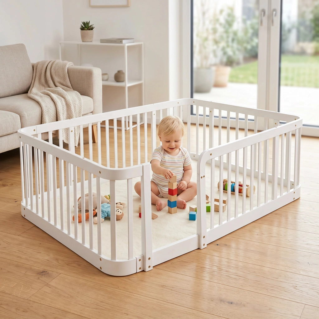 Parcogiochi modulare in legno 140x200 bianco distanza 7 cm bordi arrotondati