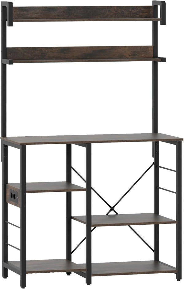 Scaffale da Cucina con Stazione di Ricarica, Luci, Supporto per Microonde a 6 Livelli per Spezie, Utensili, Piante, Mobile di Stoccaggio Industriale per Cucina, Marrone Rustico