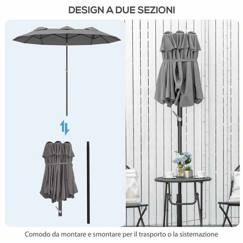 OMBRELLONE DOPPIO INCLINABILE A 45° CON MANOVELLA E PRESE D'ARIA IN ACCIAIO E POLIESTERE 285X147X227 CM GRIGIO