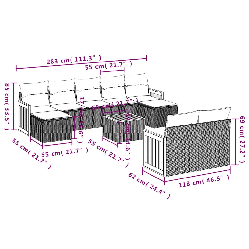 Set Divani da Giardino 10 pz con Cuscini Grigio in Polyrattan 3228091