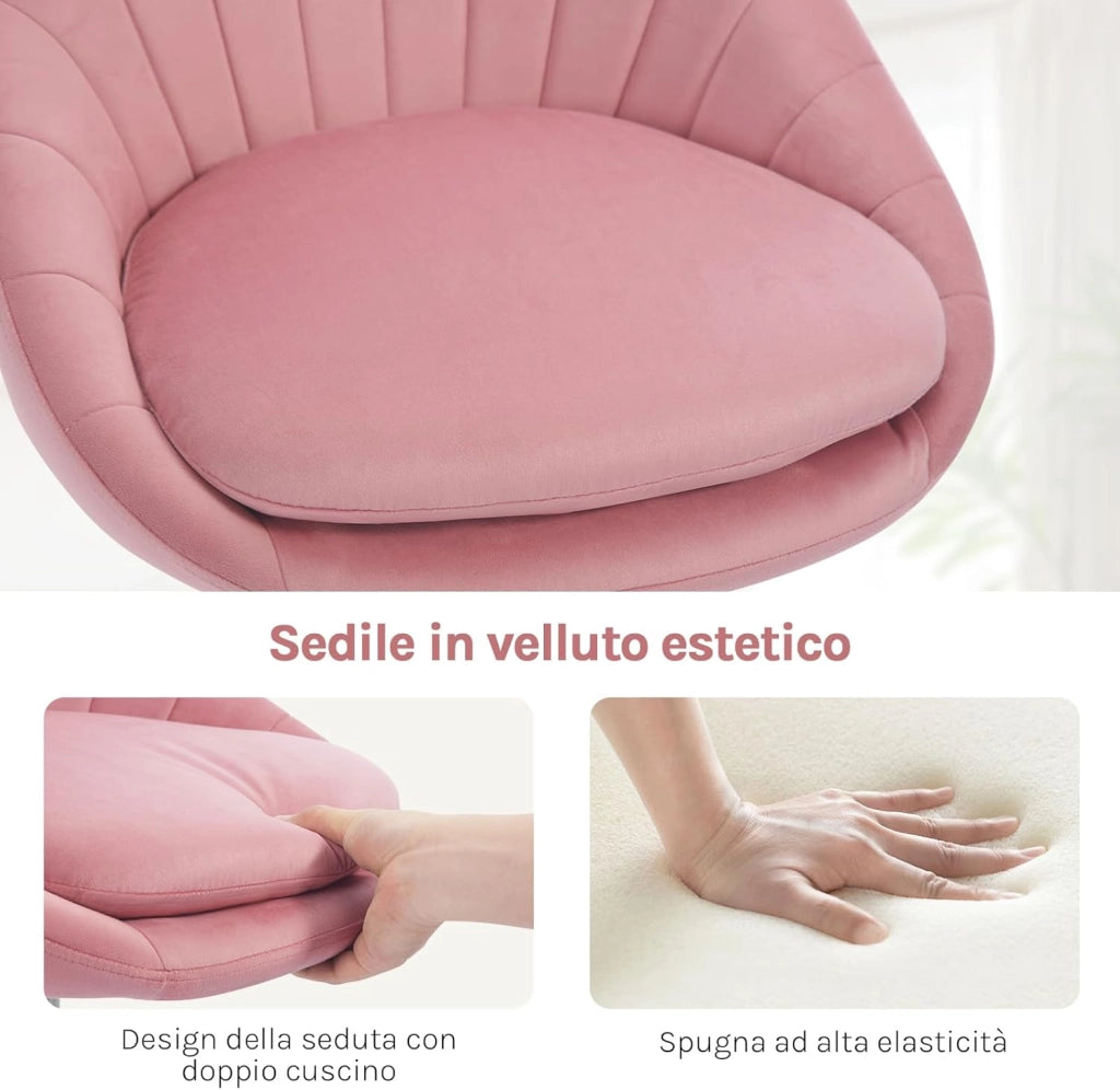 Sedia da Scrivania per Casa Regolabile in Altezza con Rotelle, Sedia Trucco Girevole Ergonomica, Ufficio, Camera da Letto, Studio, Velluto, Rosa, BS167rs
