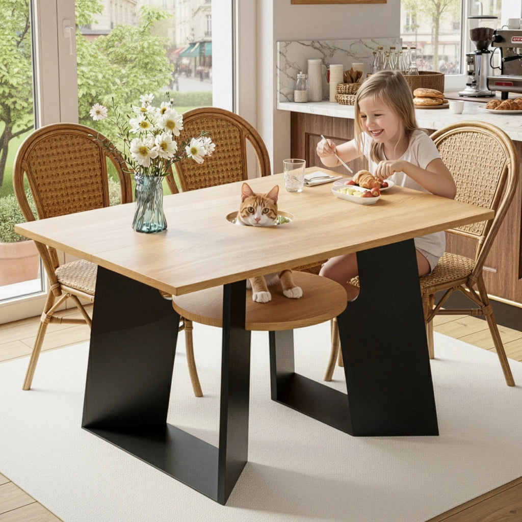 Tavolo da pranzo con apertura per gatti e ripiano inferiore in MDF nero e naturale 130 × 85 × 75 cm